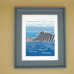 Original Mount Rundle and Vermillion Lakes block print linocut, handprinted by the artist