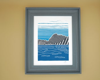 Original Mount Rundle and Vermillion Lakes block print linocut, handprinted by the artist