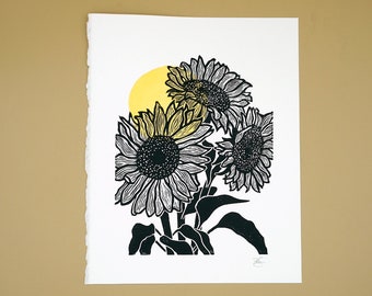 Original sunflowers block print with watercolour detail, hand printed by the artist