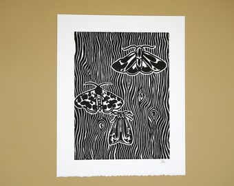 Original tiger moth insects block print, hand printed by the artist