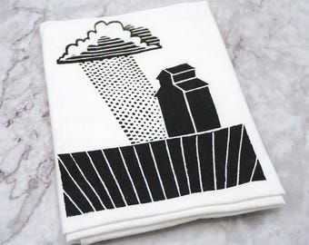 Original grain elevator, thunderstorm and field tea towel, hand printed by the artist on a flour sack towel
