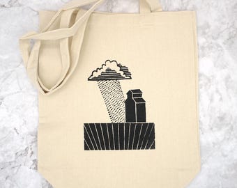 Original grain elevator and storm tote bag handprinted in black on a natural cotton tote bag