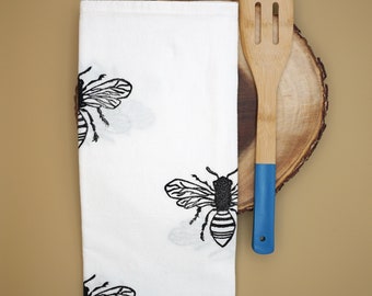 Original bee tea towel, hand printed by the artist on a cotton flour sack towel
