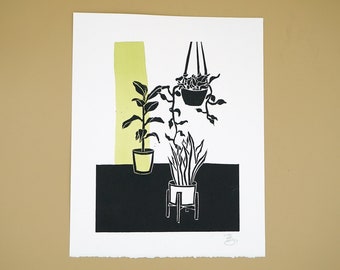 Houseplants block print, hand printed, plant wall decor, minimalist botany, housewarming gift sister, birthday gift for gardener