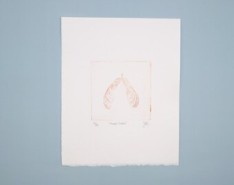 Original yellow and red maple seed drypoint engraving print, hand printed by the artist
