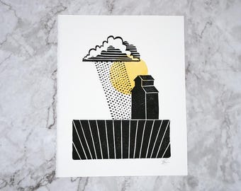 Original grain elevator and storm block print with watercolour details, hand printed by the artist