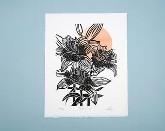 Original tiger lily block print with watercolour detail, hand printed by the artist