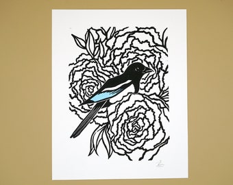 Original magpie and peony block print with watercolour details, hand printed by the artist