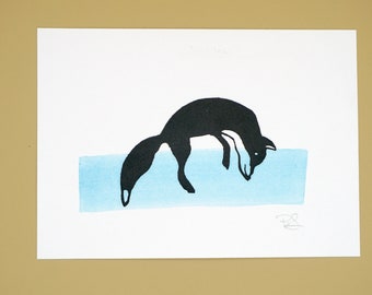 Original fox block print with a watercolour detail, hand printed by the artist