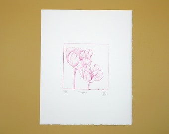 Original magenta pink poppies drypoint engraving print, hand printed by the artist