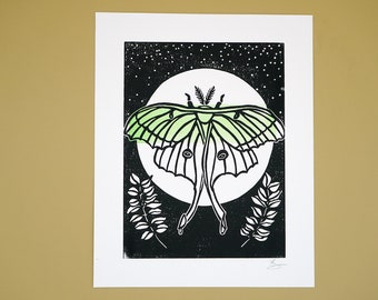 Original luna moth block print with green watercolour detail, hand printed by the artist