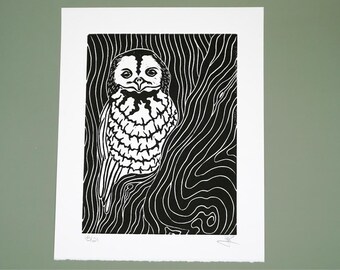 Original owl in a tree block print, hand printed by the artist