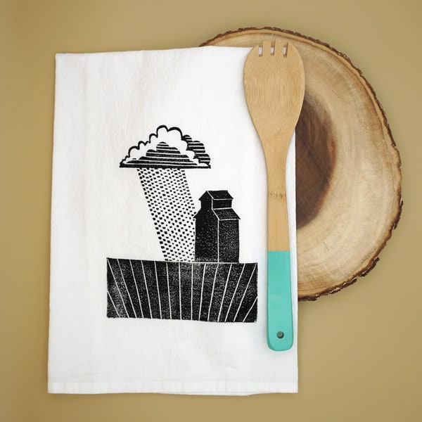 Original grain elevator, thunderstorm and field tea towel, hand printed by the artist on a flour sack towel