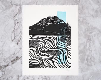 Original Athabasca Falls and mountain block print with watercolour detail, hand printed by the artist