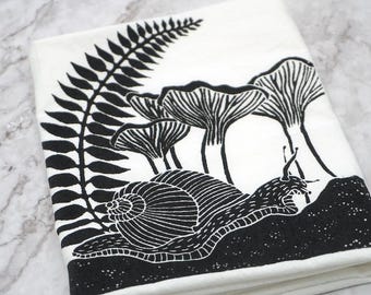 Original mushrooms, fern and snail tea towel, hand printed by the artist on a cotton flour sack towel