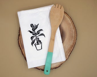 Original houseplant tea towel, hand printed by the artist on a cotton flour sack towel