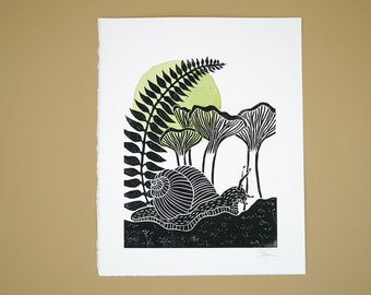 Original mushrooms, snail and fern block print with green watercolour detail, hand printed