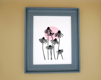 Original echinacea daisy block print with watercolour details, hand printed by the artist
