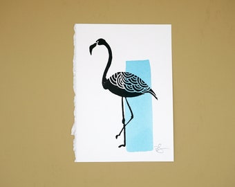 Original flamingo and watercolour block print, hand printed by the artist