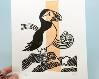 Original puffin block print with orange watercolour detail, hand printed