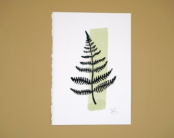 Original fern block print with green watercolour details, hand printed by the artist