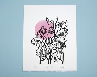 Original sweet peas block print with watercolour detail, hand printed by the artist