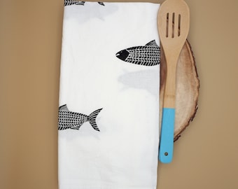Original fish block print tea towel, hand printed by the artist on a cotton flour sack towel