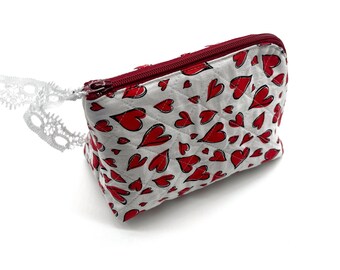 Kawaii Heart Makeup Pouch Cosmetic Pouch Patchwork Zipper Pouch Open Wide Cosmetic Pouch Organizer Travel Pouch Valentine’s Day Gift