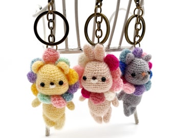 Kawaii Blooming Animal Bag Charm Amigurumi Bear Cat Bunny Crochet Miniature Animal Birthday Gift For Her
