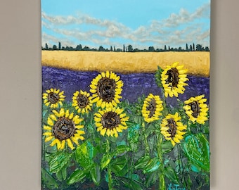 Glorious Together is a gorgeous, impressionistic, acrylic, impasto sunflower landscape painting on gallery wrapped canvas.