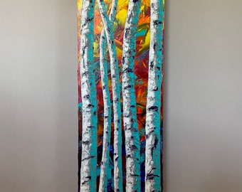 Rainbow Forest #3 is an abstract, acrylic, impasto birch/aspen landscape tree painting on a 12x36 gallery wrapped canvas.