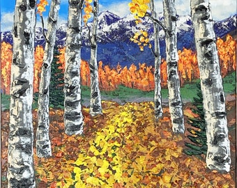 Golden Dreams is an impressionistic, acrylic, impasto forest and  mountain landscape on an 18x24 gallery wrapped canvas.