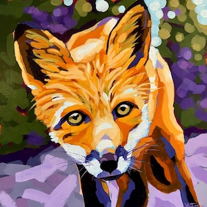 Foxy Lady ist eine bunte und lustige Acryl-Fuchsmalerei auf 11 x 14 Galerie gewickelter Leinwand, perfekt für 4 Tierliebhaber / Kinderzimmer oder ein Kinderzimmer.