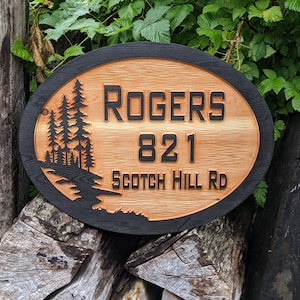 Wood carved sign. Driveway gift estate Rustic Cabin Lake house exterior outdoor lodge cabin Address family name sign