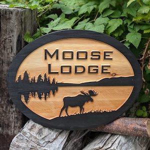 Rustic carved cedar sign moose elk deer lake cabin country driveway address farmhouse nature wood engraved the northeast, alaska