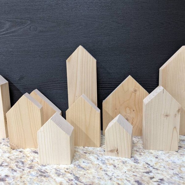 Small Miniature wood block houses 10 pieces,diy, tiered tray decor tiny wood houses, crafts, fall mini houses for tiered tray farmhouse