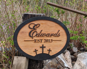 Personalized outdoor sign wood carved custom rustic family name address exterior sign christ Jesus cross crosses Christian catholic