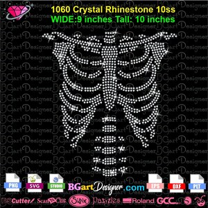 May include: A rhinestone transfer design featuring a human rib cage skeleton pattern made of 1060 clear 10ss crystals. The design measures 9 inches wide by 10 inches tall. The text 1060 Crystal Rhinestone 10ss and WIDE:9 inches Tall: 10 inches is visible.