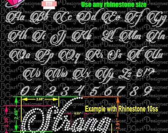May include: A digital font file for creating rhinestone designs. The image shows a full alphabet and numbers in a cursive script style. The font is shown with an example of the word "Shang" created with rhinestones. The image includes measurements in inches.