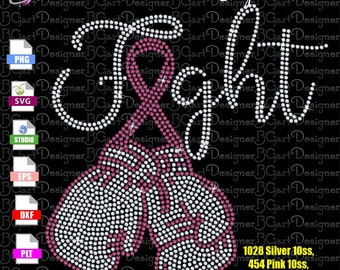 Puede incluir: Diseño de pedrería del término "Fight" con una cinta rosa en el centro. El diseño está hecho con 1028 pedrerías plateadas y 454 pedrerías rosas. El diseño tiene 10 pulgadas de ancho y 10 pulgadas de alto.