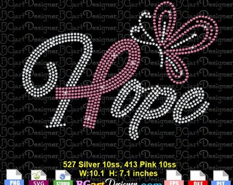 Könnte beinhalten: Ein Strass-Design auf schwarzem Hintergrund, das das Wort "Hope" in einer stilisierten Schriftart schreibt. Das "O" ist ein rosa Band, und ein Schmetterling befindet sich über dem "O". Das Design ist 25,65 cm breit und 18,03 cm hoch.