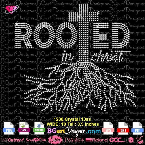 Rooted In Christ Bible Verse rhinestone template svg, cricut vector cut file, silhouette cameo, eps, Christian Quote, bling cross roots svg