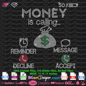 Il denaro chiama il download di strass in formato svg cricut silhouette, eps dxf plt file png, icona del telefono con sacco di soldi modello di strass digitale scintillante