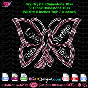 May include: A butterfly-shaped rhinestone transfer design featuring a central pink awareness ribbon. The design uses 622 crystal 10ss rhinestones and 561 pink 10ss rhinestones. The dimensions are 9.5 inches wide by 7.8 inches tall, set against a black background.