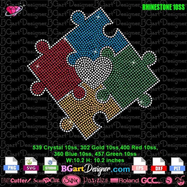 Heart Puzzle Piece autism awareness pattern rhinestone download svg cricut silhouette, eps dxf plt png files, bling digital template