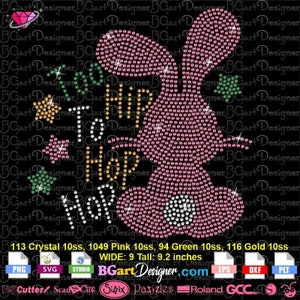 May include: A pink bunny rabbit with gold and green rhinestones. The bunny is sitting down and has the words "Happy Easter" written in gold rhinestones on its body. The image is 9 inches wide and 9.2 inches tall.