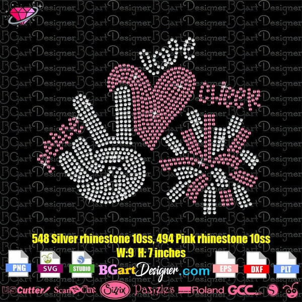 Download digital Rhinestone template Peace love cheer svg, bling cheerleader pom pom Rhinestone svg, eps, dxf, plt, silhouette cricut