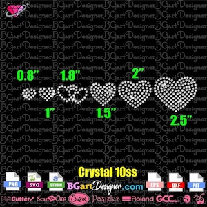 May include: A black background with multiple rhinestone heart designs in various sizes, ranging from 0.8 inches to 2.5 inches. The image also includes file type icons and the text "Crystal 10ss" and "BGartDesigner.com".