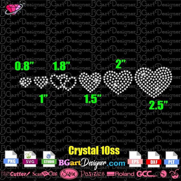 Download SVG digital rhinestone template 6 Hearts various sizes, small heart silhouette bling cricut, medium big hearts DIY iron on transfer