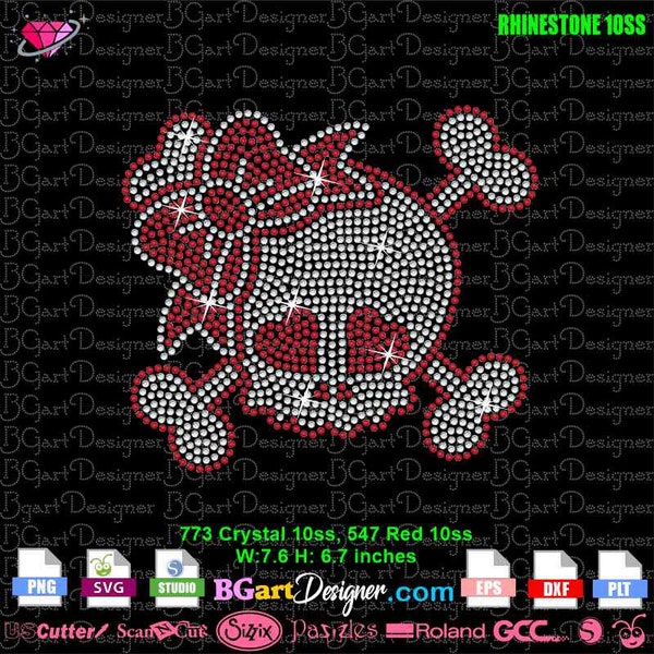 Download Girly Skull heart eyes with bow rhinestone svg cricut silhouette, plt png files, bone female bling digital rhinestone template